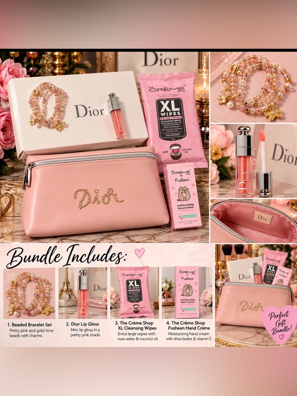 Dior Pink Cosmetic Pouch with Gold Logo and Coordinating Pink Accessories